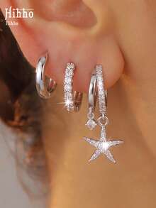 Hihho 3 Pairs Super Shiny Fashionable Versatile Sparkling Zirconia Starfish Series Earring Set, Minimalist High-End Women's Jewelry Earrings Suitable For Daily Wear, Summer Beach, Campus, Holiday Party Decoration - Earrings Set - View 4