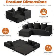 6-In-1 Boneless Couches L-Shaped Modular Sectional Sofa| Cloud Couch Sectional & Tri-Folding Mattress| Corduroy Pet-Friendly Convertible Sofa Bed With 800LB Capacity Apartment, Guest Room JMLS - Black - View 10
