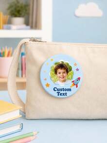 1 pieza Insignia redonda personalizada con foto y nombre, diseño lindo de cohete espacial, botón broche con foto personalizada para mochila, chaqueta, bolsa escolar, cumpleaños - Multicolor - Ver 4