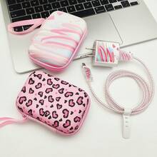 6pcs Pink Watercolor Heart Leopard Print Data Cable Protector Set With Watercolor Heart Leopard Print Storage Bag, Matching Same Pattern Charger Head Protector, Laser Gradient Data Cable And Cable Clip, Shockproof Anti-Drop Portable Handheld Storage Bag, Can Store Earphones Fast Charging Power Bank, Gentle Style Student Commute Full Set Data Cable Protection Kit - Multicolor - View 5