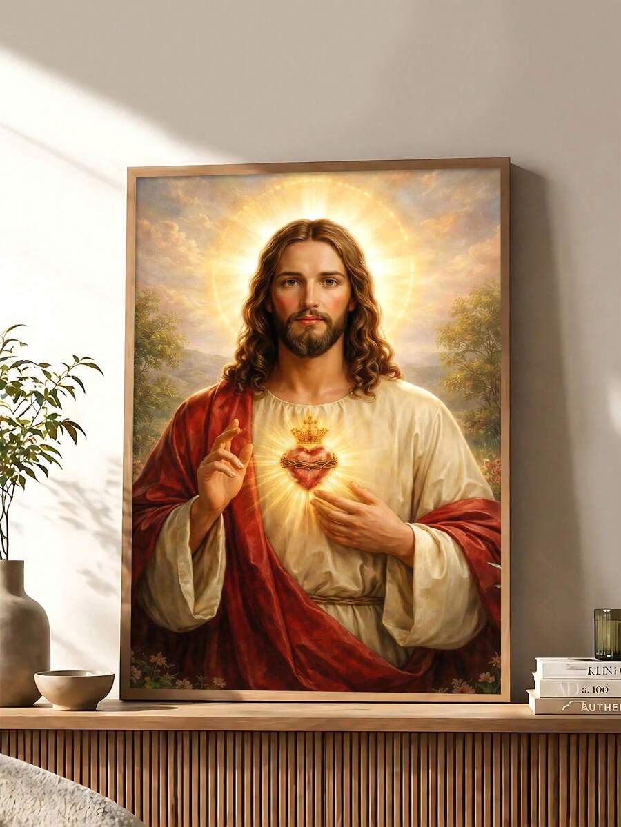 1pc Christian Wall Art, Sacred Heart Of Jesus Print, Religious Art, Catholic Home Decor Poster, Gift, Suitable For Bedroom, Living Room, Kitchen, Apartment, Wall Art, Wall Decor, Home Decor, Room Decor, Canvas Wall Art, Poster, Optional Frame - 1PCS - View 1