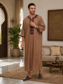 Jubah Panjang Bordir Cokelat Tua, Jubah Panjang Pria Serbaguna dengan Potongan Longgar, Pakaian Kasual Elegan - Coffee Brown - View 1
