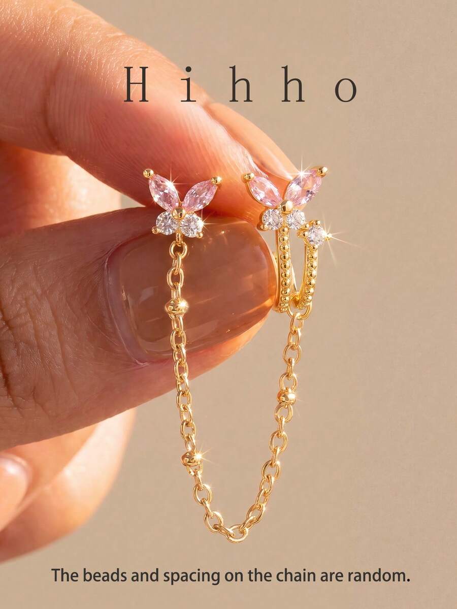Hihho 1件女款單耳鏈條耳環 | 雙孔鏈條耳環 女款立方鋯石耳環 懸掛式CZ耳鏈 軟骨耳 Conch Helix 穿耳環飾品 - 鏈條耳釘 - 查看 1