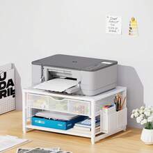 Marbrasse 2-stufiger Druckerständer, Monitor-Aufbewahrungsständer mit Schublade und 2 Stifthaltern, Metall-Büro-Organizer, Schreibtisch-Organizer für Fax, PC, Scanner (Weiß) YT2Y - Weiß - Übersicht 4