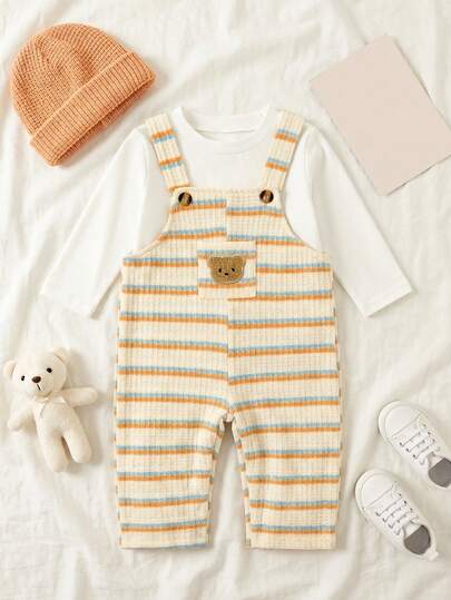 2pcs/Set Baju Bayi Perempuan Musim Gugur Lucu Bernapas Motif Garis-garis Blok Warna Bordir Beruang Polos Lengan Panjang Kaos Dekorasi Beruang Kartun Celana Panjang Suspender Overall Kasual Musim Semi Liburan Luar Ruangan