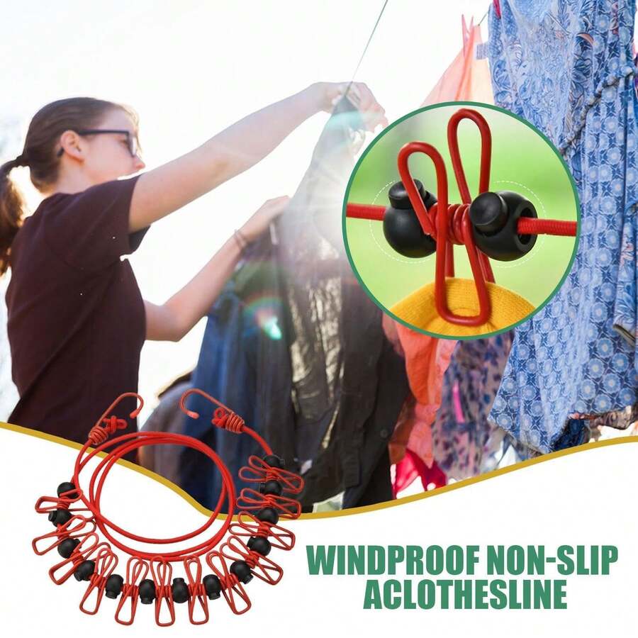 1pc Portable Clothesline With 12 Clips, Adjustable Elastic Travel Camping Clothesline, Windproof Retractable Laundry Drying Rope, Stretchy Clothes Drying Line For Backyard, Vacation Hotel, Balcony, Dorm, Outdoor Camping, Indoor Laundry - Multicolor - View 1