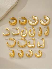 CCB Shiny Gold Geometric Water Drop Square Hoop & Stud Earrings Set, Minimalist Daily Wear Women's Fashion Jewelry - Gold - View 2