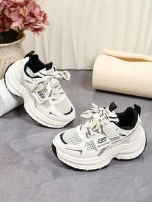 1 Pair White Mesh Breathable Chunky Sneakers For Young Students, Black Patchwork Fabric Thick Sole Height-Increasing Casual Sports Shoes, Non-Slip Lace-Up And Hook-And-Loop Closure, Suitable For Daily Casual, Outdoor Training, Travel, Vacation, Home, Party, Summer And Autumn New Style - Black and White - View 4