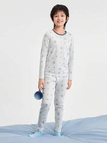 Balabala Boys Thermal Underwear Set Soft Cotton Long Sleeve Base Layer Pajama Set Autumn Winter Wear - Gray Blue - View 3