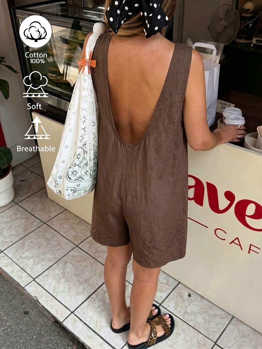 DORISS Summer Apricot Sleeveless Loose Short Jumpsuit Cotton Linen Material Daily Street Office Travel - Brown - View 1