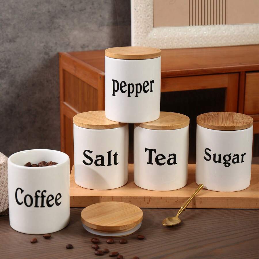 3pcs Set With Lids Seasoning Jars, Ceramic Storage Containers, European Minimalist Style, Bamboo Lid With Silicone Seal, Suitable For Pepper, Salt, Sugar, Coffee, Tea, Refrigerator And Dishwasher , Home Kitchen Countertop Decor, Housewarming Gift
