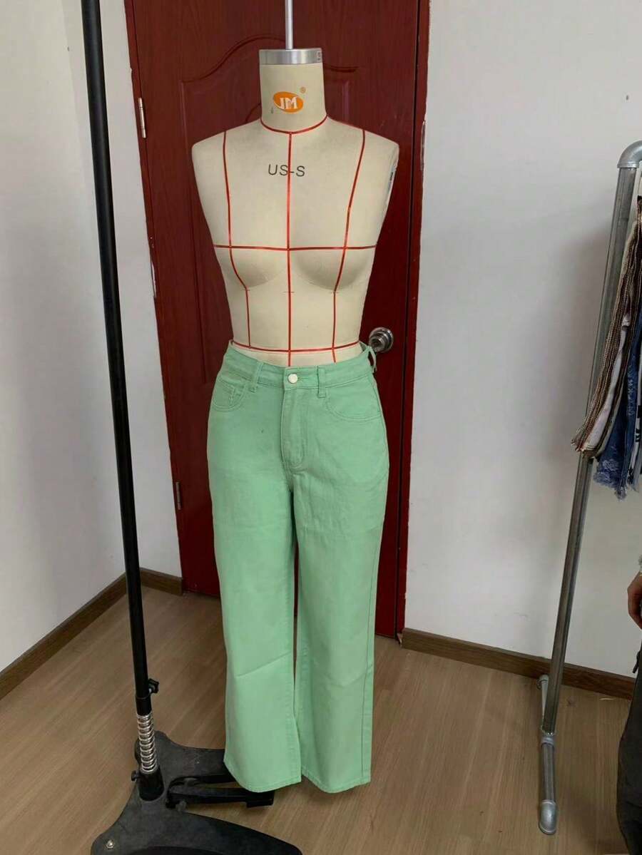 女款跨境插口袋寬鬆休閒基礎直筒牛仔褲 - 軍綠色 - 查看 1
