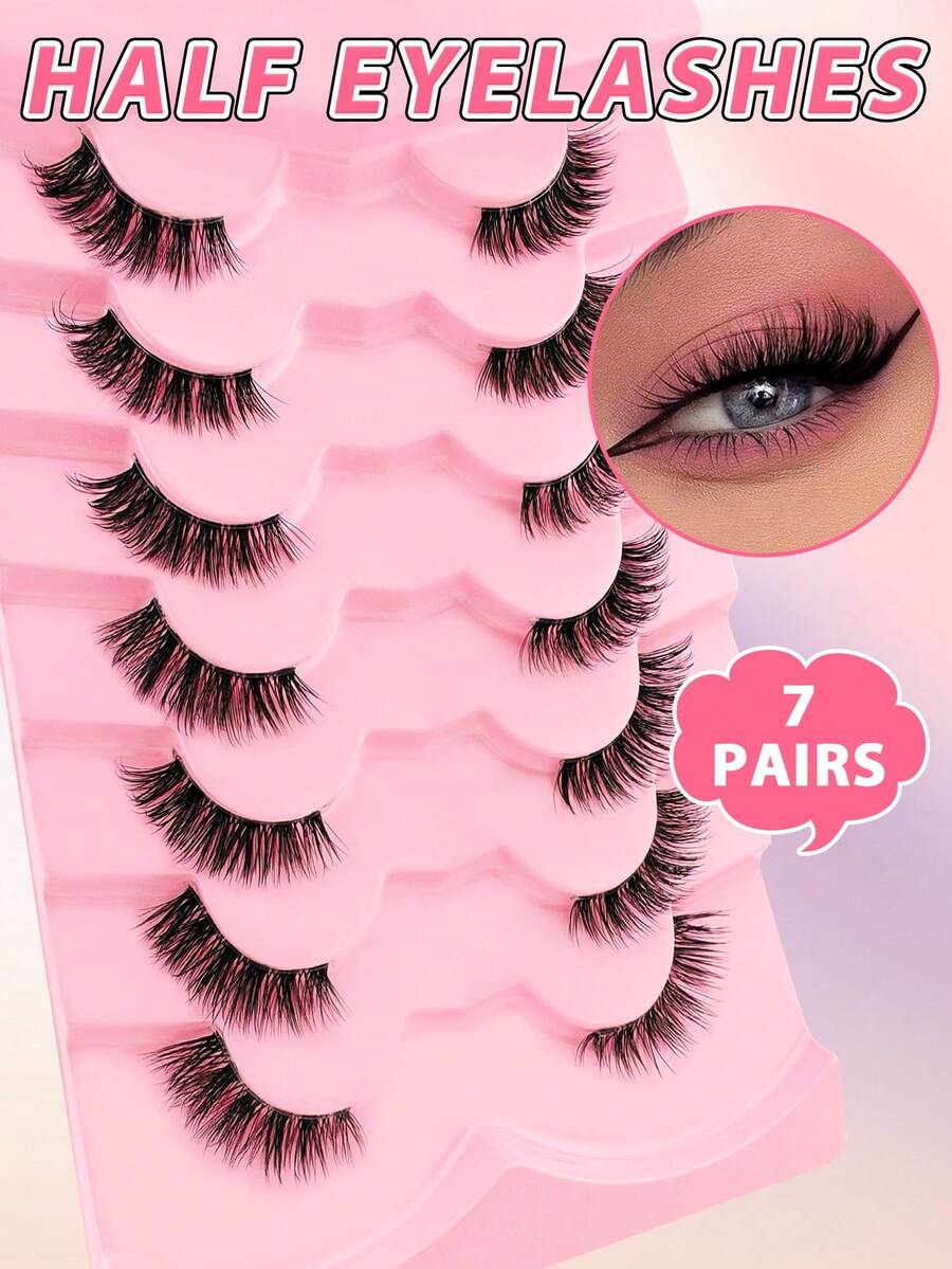 7 Pairs Half Lashes Cat Eye With Clear Band Wispy False Eyelashes Natural Look 3/4 Corner Lashes Short Accent Lashes With Transparent Band - Black - View 1