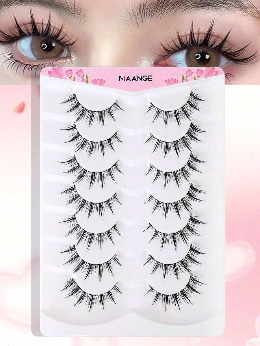 MAANGE 7 Pairs Cartoon Style Natural Lightweight False Eyelashes - Ultra-Thin Faux Mink Cat Eye Shape, Dynamic Makeup - Reusable Beginner Friendly, Gift For Women - Black - View 1