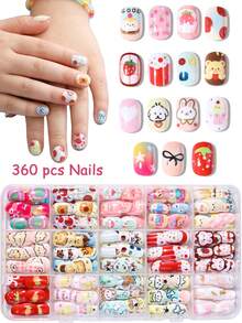 360pcs (15 Styles) Colorful Cartoon Acrylic Press-On Nails Gift Set, Full Coverage Short Artificial Nails For Girls, Kids Decorative Design (Cute Patterns) - Multicolor - View 1