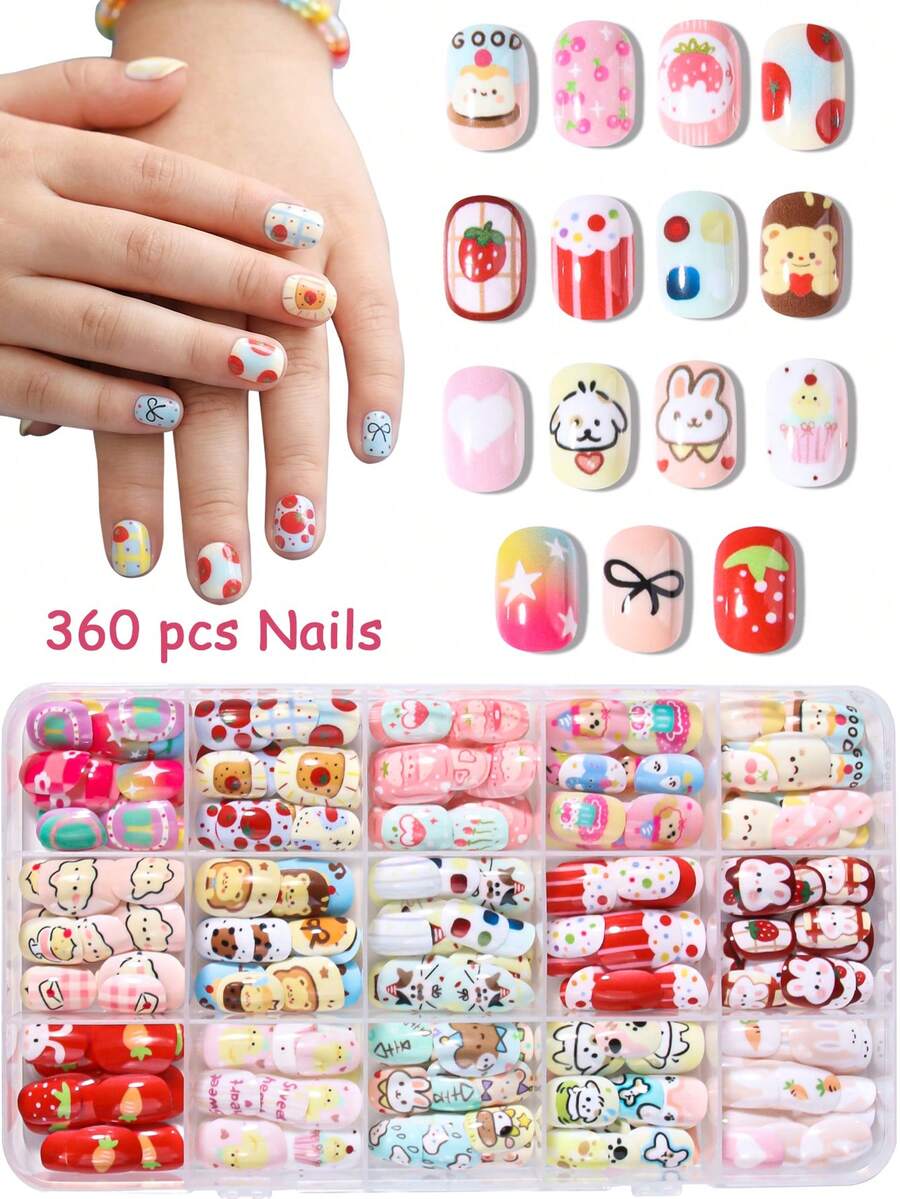 360pcs (15 Styles) Colorful Cartoon Acrylic Press-On Nails Gift Set, Full Coverage Short Artificial Nails For Girls, Kids Decorative Design (Cute Patterns) - Multicolor - View 1