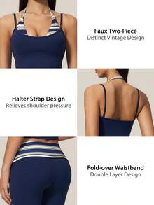 TimeOff Women's One Set Striped 2 In 1 Patchwork V-Neck Spaghetti Strap Double Shoulder Thin Strap Tank Top And Folded Waist Mid-Length Pants Sports Set - Blue - View 4