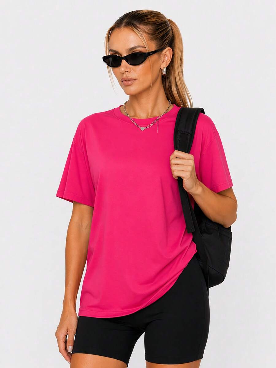 Nonwe Women Loose Fit Plain Short Sleeve T Shirt Soft Stretch Crew Neck Casual Sports Basic Tee Daily Wear - Hot Pink - View 1