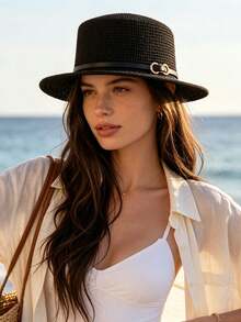 1pc Women's Straw Hat, Bohemian Polyester Fiber Fashion Outdoor New Style, Wide Brim Personalized Sun Protection Breathable Solid Color Straw Hat Suitable For Daily Outdoor Travel - Multicolor - View 15