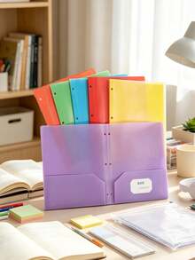 6/1pc Multi-Color Plastic Loose-Leaf Folder With 2 Pockets, Standard 3-Hole Punched File Organizer, Waterproof Document Protector Sleeve With Business Card Holder, Minimalist Business File Storage Bag For Business, University, Office Desk Organization - Multiple Styles - View 2