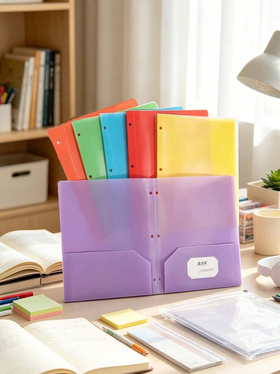 6/1pc Multi-Color Plastic Loose-Leaf Folder With 2 Pockets, Standard 3-Hole Punched File Organizer, Waterproof Document Protector Sleeve With Business Card Holder, Minimalist Business File Storage Bag For Business, University, Office Desk Organization