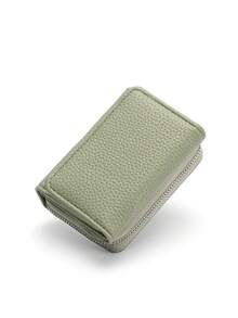 BATSIOE Cartera corta de mujer de unicolor con textura de lichi, monedero mini multifunción de tres pliegues con cremallera - Verde - Ver 5