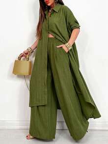 Women's Spring/Autumn Fashion Casual Lapel Long Sleeve Solid Color Top And Solid Color Long Pants 2-Piece Set - Olive Green - View 3