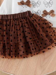 2pcs Baby Girl Sweet Spring/Autumn Outfit Set, 3D Bow Flutter Sleeve Sweatshirt With Coffee Polka Dot Puff Tulle Skirt, Lightweight Princess Style - White - View 7