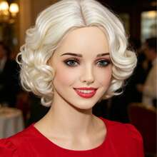 Women's Short Platinum Blonde Wavy Curly Wig, Synthetic Fiber Vintage Hairpiece, Suitable For Halloween Party, Cosplay, Costume Wear, Includes 1 Wig Cap - Gold - View 1