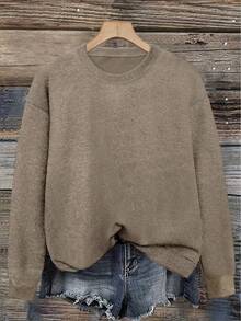 Women's Fashion Knitted Long Sleeve Sweater, Regular Length Crew Neck Top, Suitable For Autumn/Winter Wear - Earthy Gray - View 5