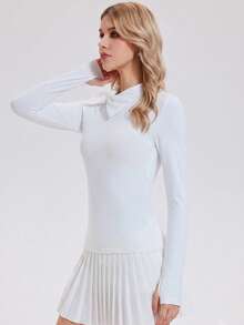 KyrLssu Women Neck Bow Tie Long Sleeve Slim Top, Solid Collar Thumb Hole Cuff Fitted Blouse For Daily Outfit Matching - White - View 3