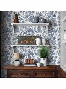 1 Roll Vintage Vinyl Self-Adhesive Wallpaper, Exquisite Blue Countryside And Botanical Landscape Wall Paper, Peel And Stick, Waterproof, Removable, Non-Adhesive Contact Paper, Seamless Wallpaper Roll, Easy To Apply, Suitable For Home Decor, Kitchen, Bedroom, Living Room And Furniture Refurbishment - Multiple Styles - View 2