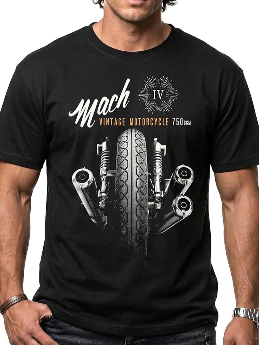 Summer Outfit For Men,Mach 4 Men's Vintage Motorcycle T-Shirt - 黑色 - 查看 1