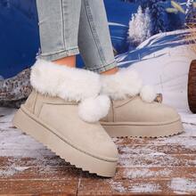 Novas Botas de Neve Femininas de Inverno, Botas de Tornozelo com Gola de Pele Fofa e Decoração de Pompom, Adequadas para Uso Diário, Botas Marrons para Mulheres - Bege - Visão 5