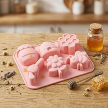 1pc 6-Cavity Bee & Flower Silicone Mold, Themed Silicone Soap Mold, Bee Honeycomb & Flower Candle Mold, Suitable For DIY Crafts, Wedding Decor, Polymer Clay, Candles, Plaster - Pink - View 3