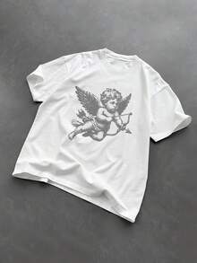 T-shirt con stampa a motivo angelo Cupido, girocollo, ampia e comoda, abbigliamento per esterni, t-shirt girocollo giovanile da strada, abbigliamento estivo da uomo Y2k 81BT - Bianco - Visualizzare 1