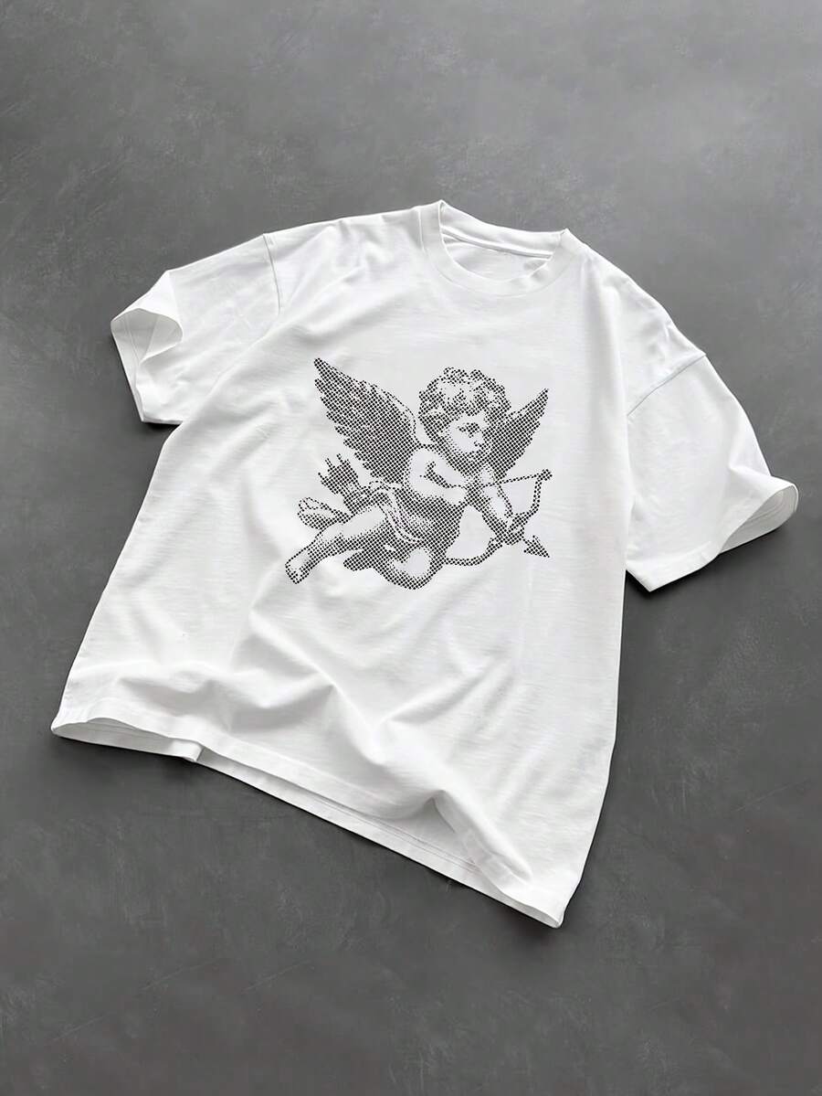 T-shirt con stampa a motivo angelo Cupido, girocollo, ampia e comoda, abbigliamento per esterni, t-shirt girocollo giovanile da strada, abbigliamento estivo da uomo Y2k 81BT - Bianco - Visualizzare 1