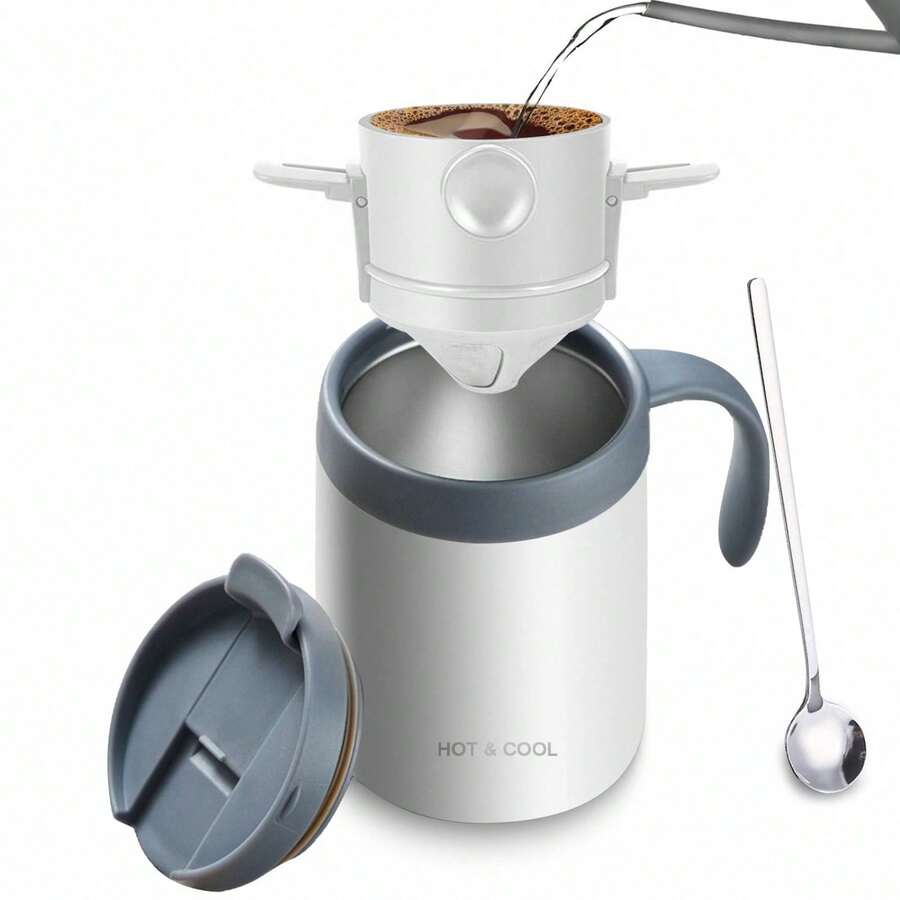 Portable Pour Over Coffee Maker Set, Insulated Stainless Steel Travel Mug With Filter, Outdoor Camping Coffee Cup, All-In-One Brewer - White  Cup + Drip Filter + Spoon (three-piece Set) - View 1