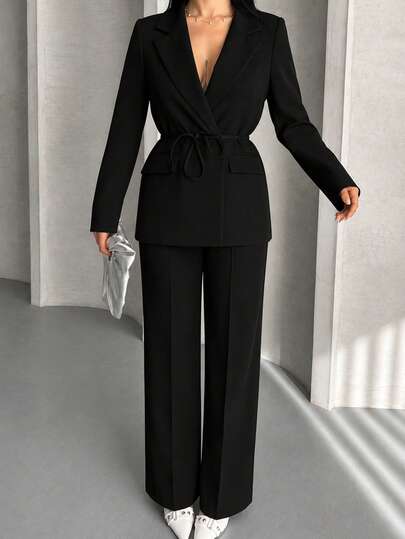 Damen Gold Gürtel Detail Blazer Und Hose Zwei Teile Blazer Set