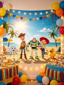 Disney 熱帶海灘生日派對背景布，椰子樹海洋全角色生日橫幅印刷攝影背景幕簾，抗皺加厚聚酯纖維材質，高畫質鮮豔生動角色印花 - 多款 - 查看 9