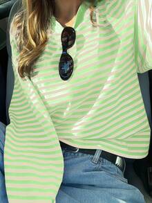 Women's Casual Striped Colorblock Ribbed Top, Everyday Spring/Autumn Wear - Avocado Green - View 3