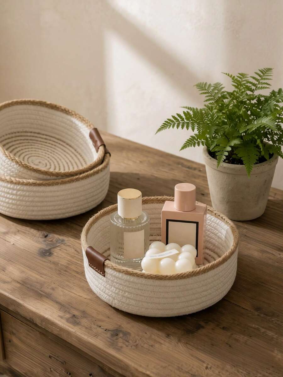 1pc Desktop Woven Storage Basket, Minimalist Round Organizer Bin For Entryway Clutter, Suitable For Storing Cosmetics, Remote Controls, Skincare Products And Keys, Home Bedroom Decor