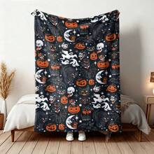 1pc Soft Comfortable Modern Flannel Blanket - Vintage Pumpkin Black Cat Ghost Crescent Moon Skull Halloween Flannel Fleece Blanket Black Full Print Bat Star Cartoon Bedroom Sofa Nap Throw Blanket - Digital Printing Craft, Suitable For Sofa, Bed, Travel, Office Home Decor - Multicolor - View 11