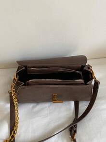 Vintage Brown Textured Flap Bag With Metal Chain Underarm Bag, Luxury Versatile Commuter Shoulder Handbag - Coffee - View 10