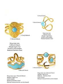 1pc Women's Stainless Steel Ring With Enamel Craft Geometric Design, Vacation Style, Suitable For Travel Wear - Yellow Gold - View 2