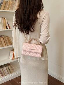 Minimalist Pink Quilted Handbag, Detachable Gold Chain Strap Bow Detail Shoulder Bag For Ladies Daily Formal Occasions - Pink - View 4