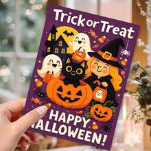 1/2/3sets Cute Cartoon Trick Or Treat Halloween Greeting Cards,Purple Background Witch Black Cat Ghost Jack O Lantern Spider Candy Full Moon Design,Perfect For Friends And Family Seasonal Celebration Party Invitations And Spooky Wishes To Share Joy A - A - View 4