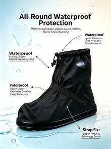 Mid-Calf Zipper PVC Waterproof Shoe Covers, Non-Slip Thickened Wear-Resistant Rain Boots, Unisex, Outdoor Travel Rain Shoe Covers, Recommended To Buy One Size Larger For Better Fit - Black - View 4