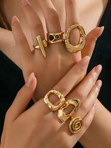 6pcs Bohemian Vintage Fashion Geometric Faux Pearl & Tiger Eye Stone Ring Set, Luxury INS Minimalist Versatile Finger Rings, Perfect Gift Choice - 6-piece Gold Set - View 3