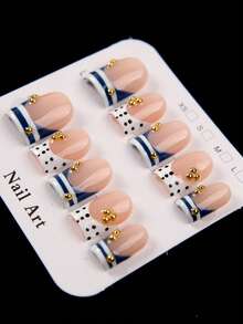 10pcs Short Square Handmade Press-On Nails, Glossy Nude Pink Navy Blue White Color Block French Tip Fake Nails With Black Polka Dots And Mini Shiny Gold Bead Decor, Reusable Acrylic Nail Tips, Cute Fresh Summer Pink Blue Manicure, Suitable For Women Girls Daily Party Date Vacation - Dusty Blue - View 6